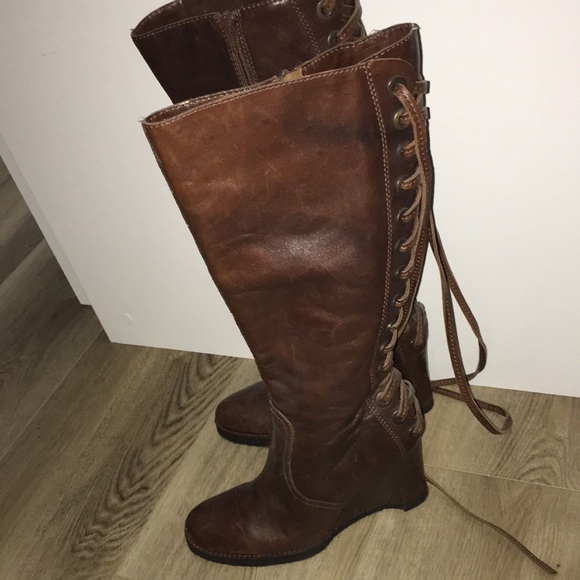 APEPAZZA REAL LEATHER LACED TIE UP WEDGE HEEL NON SKID SOLE Knee-High Boots - Picture 5 of 11